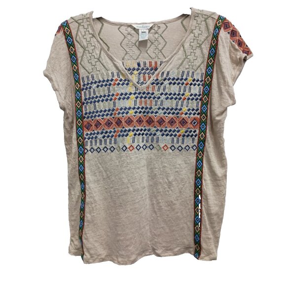Sundance Womens BOHO Peasant Top Size Small Beige Linen Embroidered Short Sleeve - Picture 1 of 7